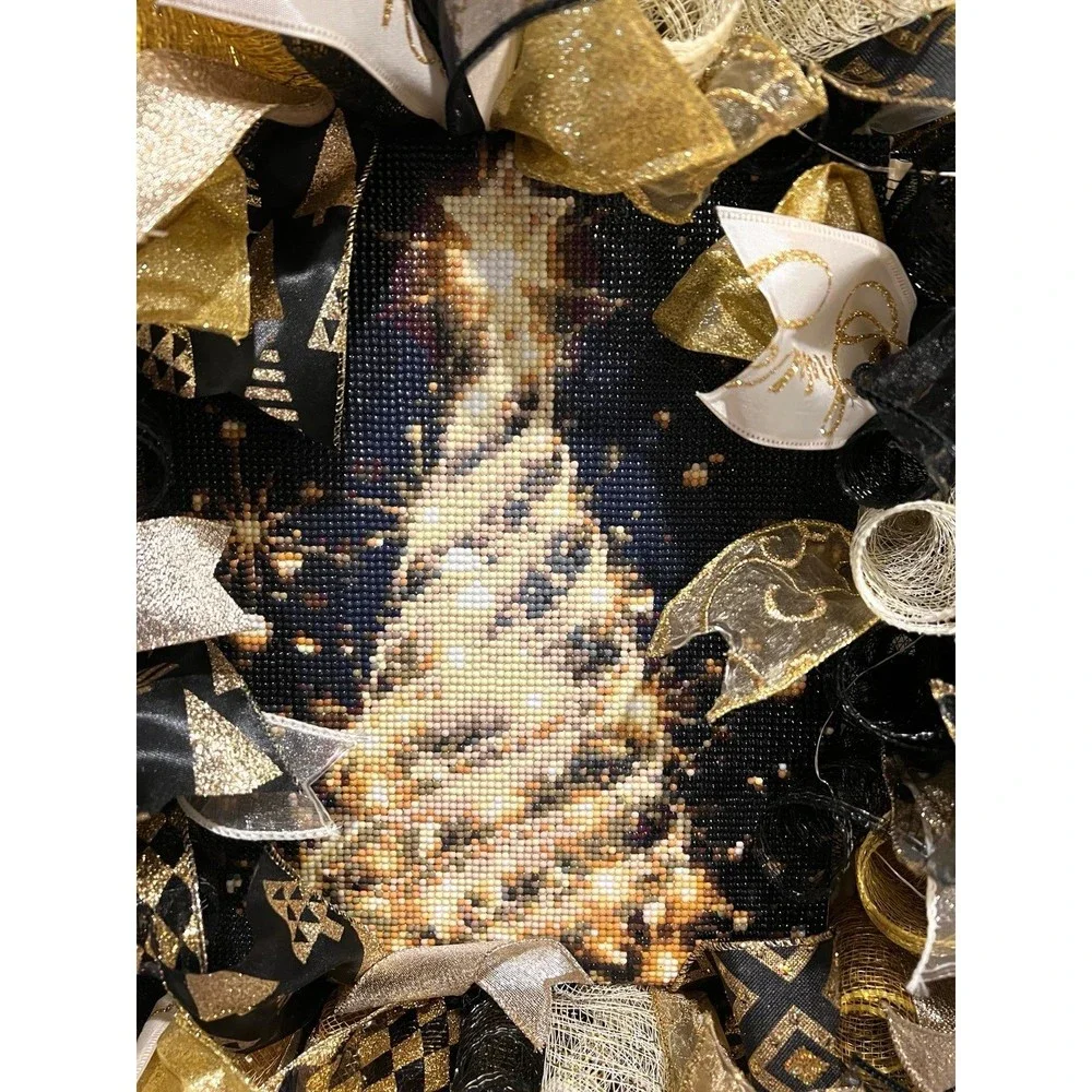 Handmade Christmas Tree Diamond Art Ribbon Door Wreath 22 ins LED W38 Gold Black